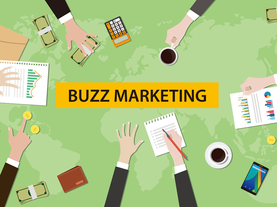 “BUZZ MARKETING”を囲んで会議するイラスト